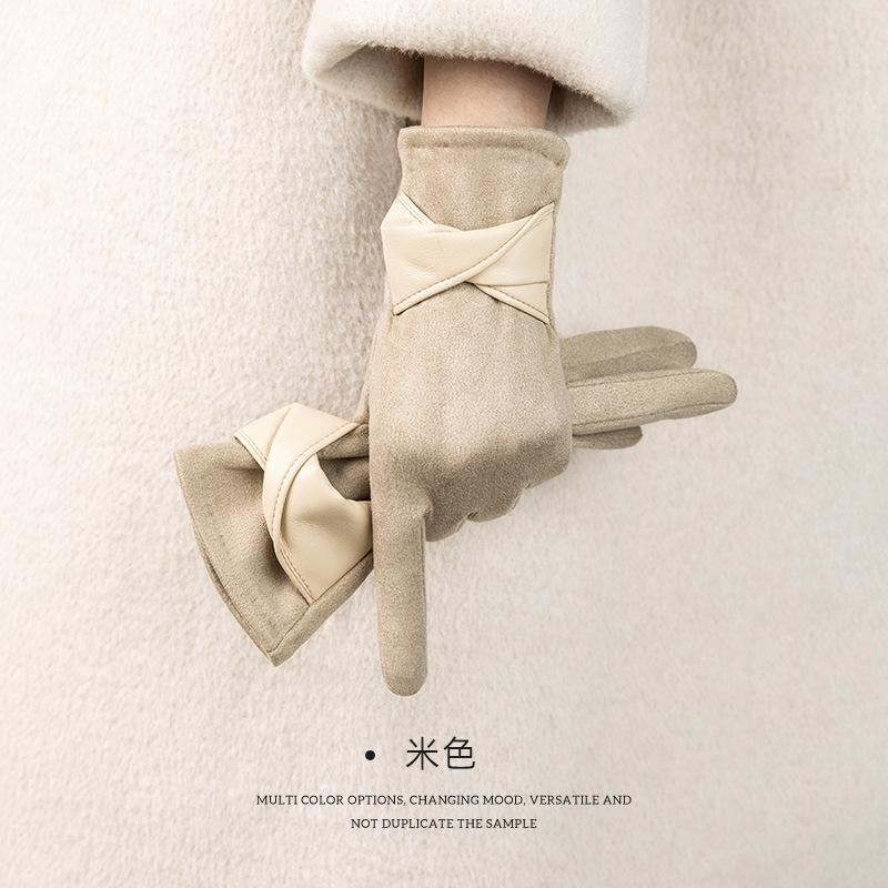 

Women s suede cold-proof warm gloves plus velvet thickened windproof gloves bow touch screen gloves бежевый