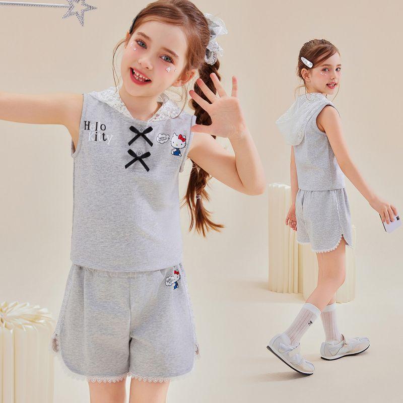 Hello Kitty Girls Summer Sleeveless Vest Set 2025 New Lace Hooded Bow Two-Piece Set Gray 160
