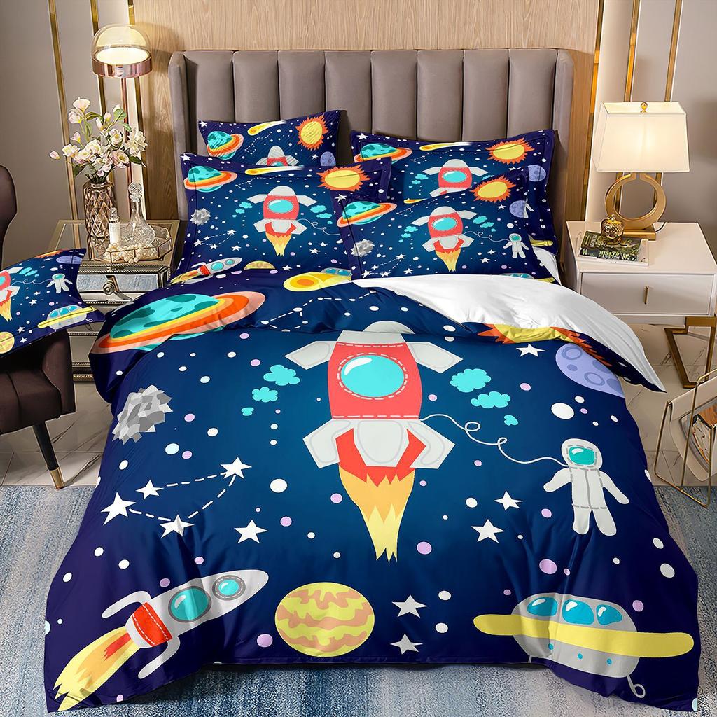 Universe Starry Sky Rocket Space Print Cartoon Duvet Cover Bedding Set Bedclothes Twin Single King For Kids Adult Bedrooms Decor