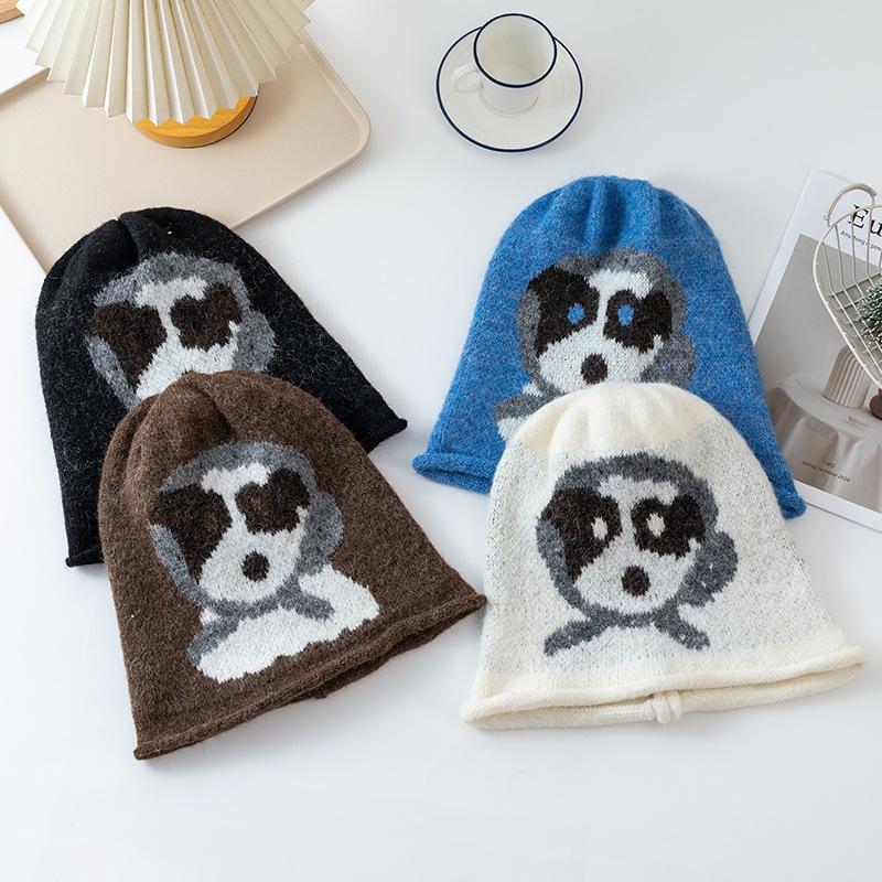 Cartoon headscarf dog knitted hat female autumn and winter curling face small headgear student versatile pile hat