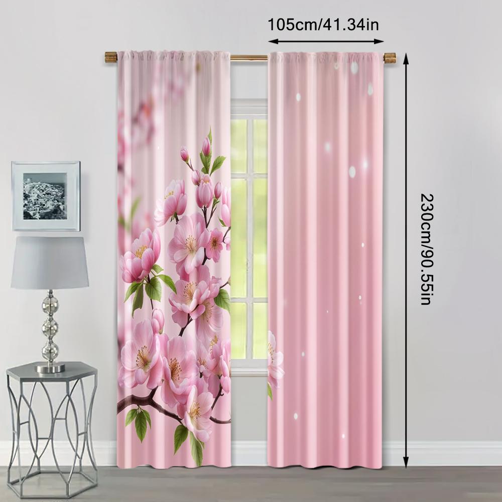 2pcs, Curtain Popular Bright pink cherry blossoms and green leaves Fabric (without rod) Decorations Clearance Ldeal for Season