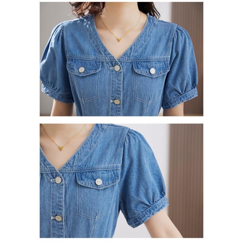 Summer Slim Fit Denim Dress Casual Short Sleeve Waist Tie Womens Fashion Lightweight and Comfortable Stylish Outfit
