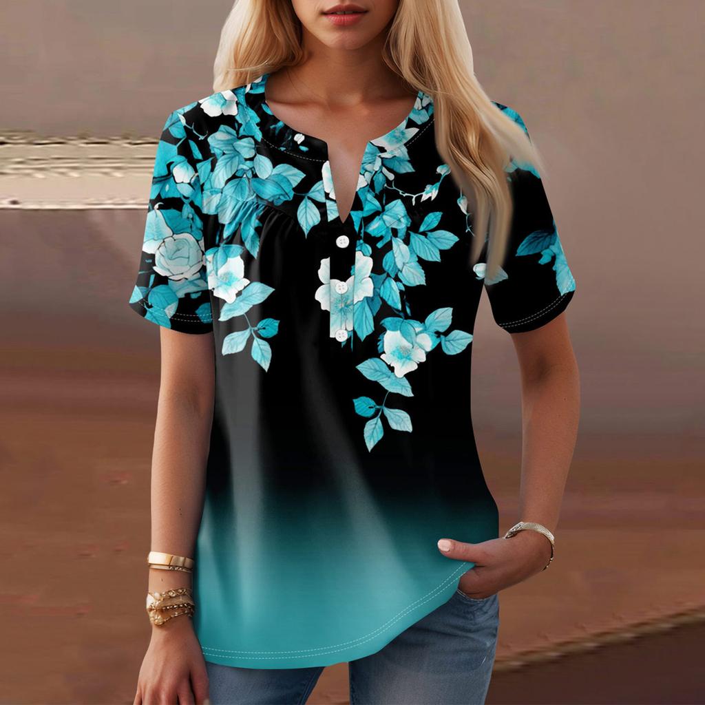 Damen-T-Shirt mit lässigem Blumendruck, V-Ausschnitt, kurzen Ärmeln und dekorativen Knöpfen