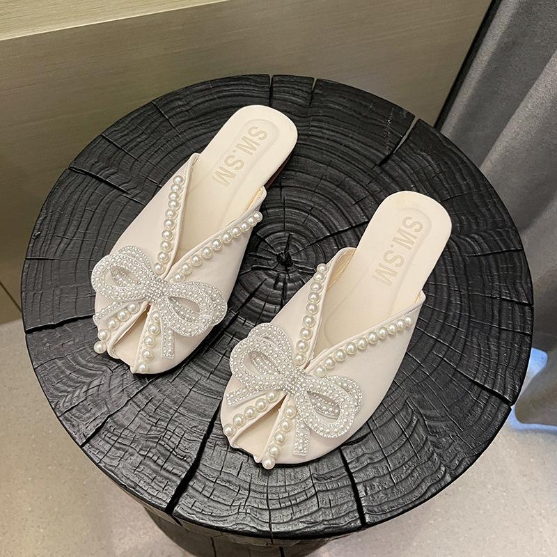 

Женские шлепанцы Летние шлепанцы Баотоу Полушлепанцы с бантом-бабочкой и жемчугом Шлепанцы для женщин Нескользящие плоские шлепанцы Chanclas 35 бежевый