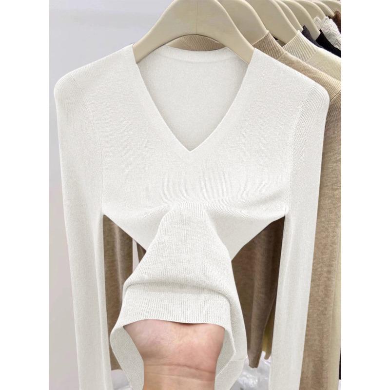 Figurbetontes V-Ausschnitt-Unterhemd für Damen Frühherbst Pure Desire mit schickem Pullover Langärmeliges Strickoberteil
