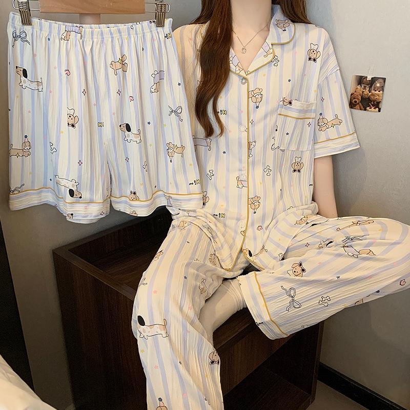 Salt Style Dachshund Dog Pajamas Women'S Summer Short-Sleeved Cartoon Wrinkled Cloth Loungewear Three-Piece Set