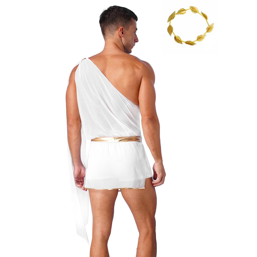 Mens Ancient Greek Costume One Shoulder Skirted Bodysuit Gold Leaf Headpiece Mythology Cosplay Set
