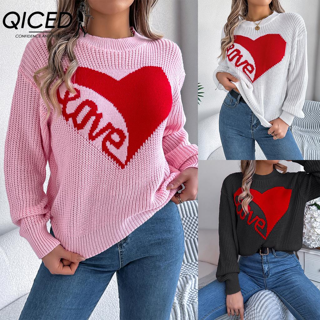 QICED Autumn and Winter Casual Valentine's Day Color-blocking Heart LOVE Long-sleeved Pullover Sweater Women's Wear