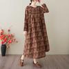 Spring and Summer New Vintage Cotton-Linen Round-neck Floral Pockets Long-Sleeved Dress for Women Loose Fit for Slimming - A-Line Skirt