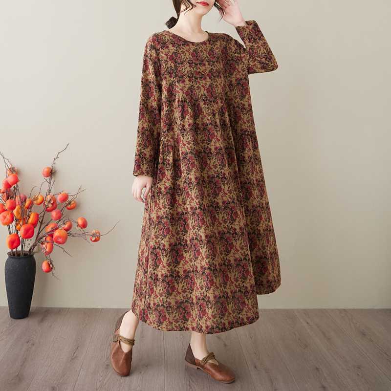 Spring and Summer New Vintage Cotton-Linen Round-neck Floral Pockets Long-Sleeved Dress for Women Loose Fit for Slimming - A-Line Skirt