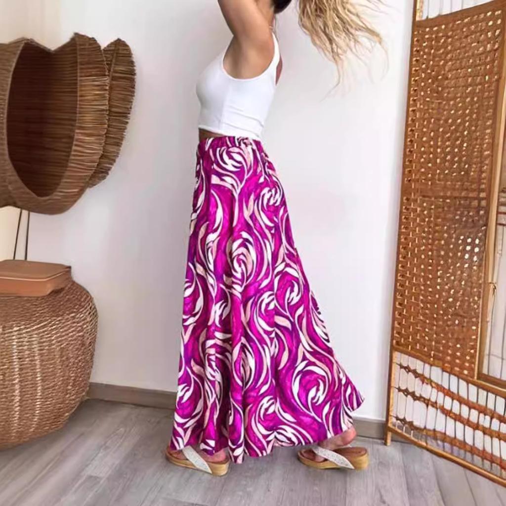 Summer women's loose and casual Bohemian printed wide leg pants with flared pants