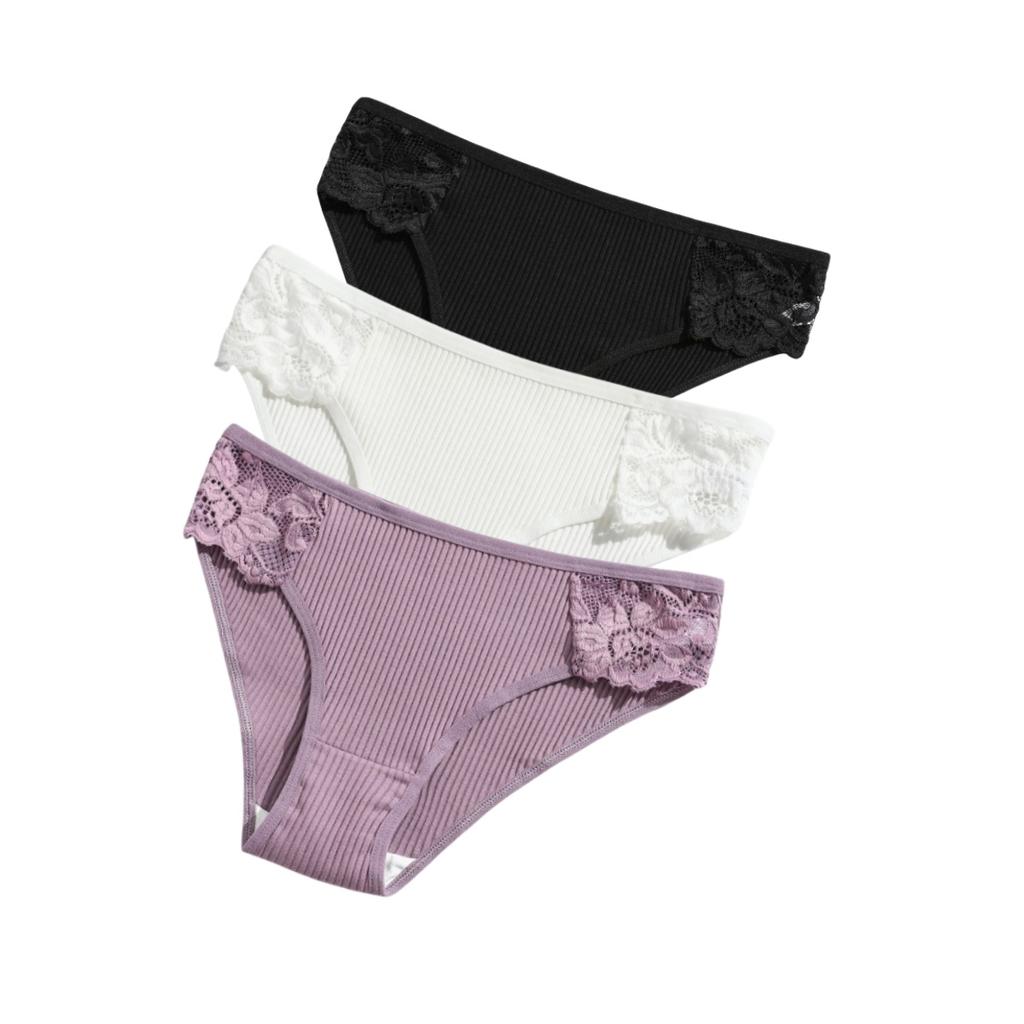 3Pcs/set Women Cotton Panties Low-Rise Underwear Patchwork Lace Briefs Female Soft Underpants Sexy Lingerie S-XL