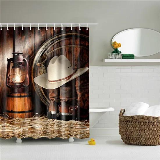 Vintage Style Map Anchor Cowboy Printed Shower Curtains With 12 Hooks Waterproof Polyester Decorative Bathroom Curtains