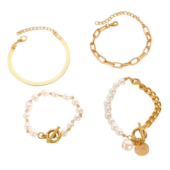 1 Ensemble Bracelet Collier Boucle OT Chaînes Cubaines Perles Imitation Collier à Longueur Réglable Bijoux à Superposer Cadeau