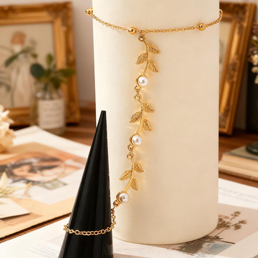 Minimalist Metal Leaf Green Cubic Zirconia Finger Chain Bracelet Dainty Gold Tone Ring to Wrist Jewelry for Women