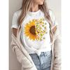 Women's Stylish Short-Sleeve Top with Sunflower and Yellow Butterfly Print, a Lively and Cute Series Featuring a Soft, Stretchy Round-neck Casual Top.