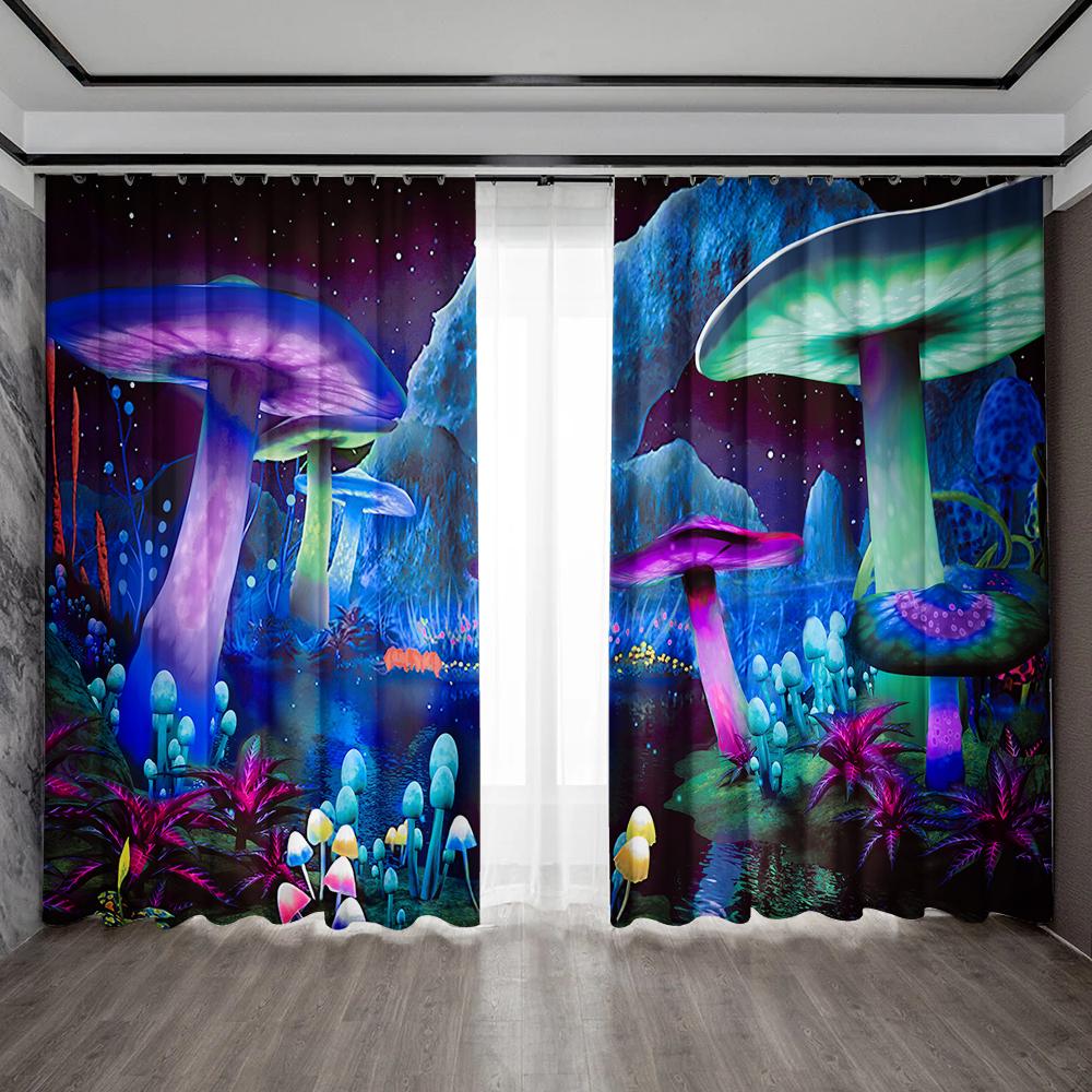 2PC Home Decoration Curtains With Cartoon Mushroom Scenes And Rod Pocket Curtains, Suitable for Kitchens, Cafes, Living Rooms