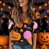Women's Fashion Short Sleeve V Neck Halloween Print Tunic Top for Casual Wear