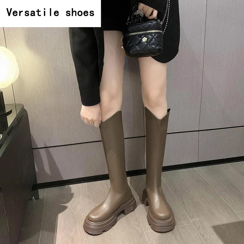 Platform Women Knee High Boots Fashion Back Zippers Knight Long Boots Square Heels Autumn Winter Ladies Shoes