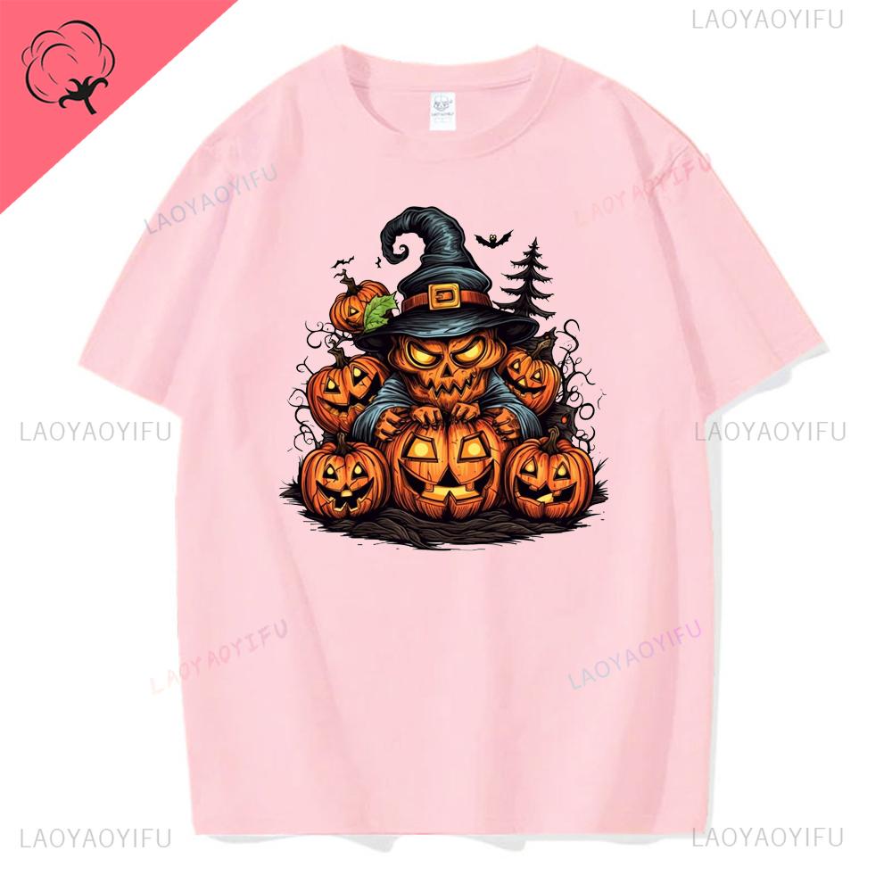 Jack Lanterns  Women Ghost Pumpkin Bat Skeleton Print Round Neck Pullovers Cotton Shirt Graphic T Shirts Y2k Top Harajuku Tops
