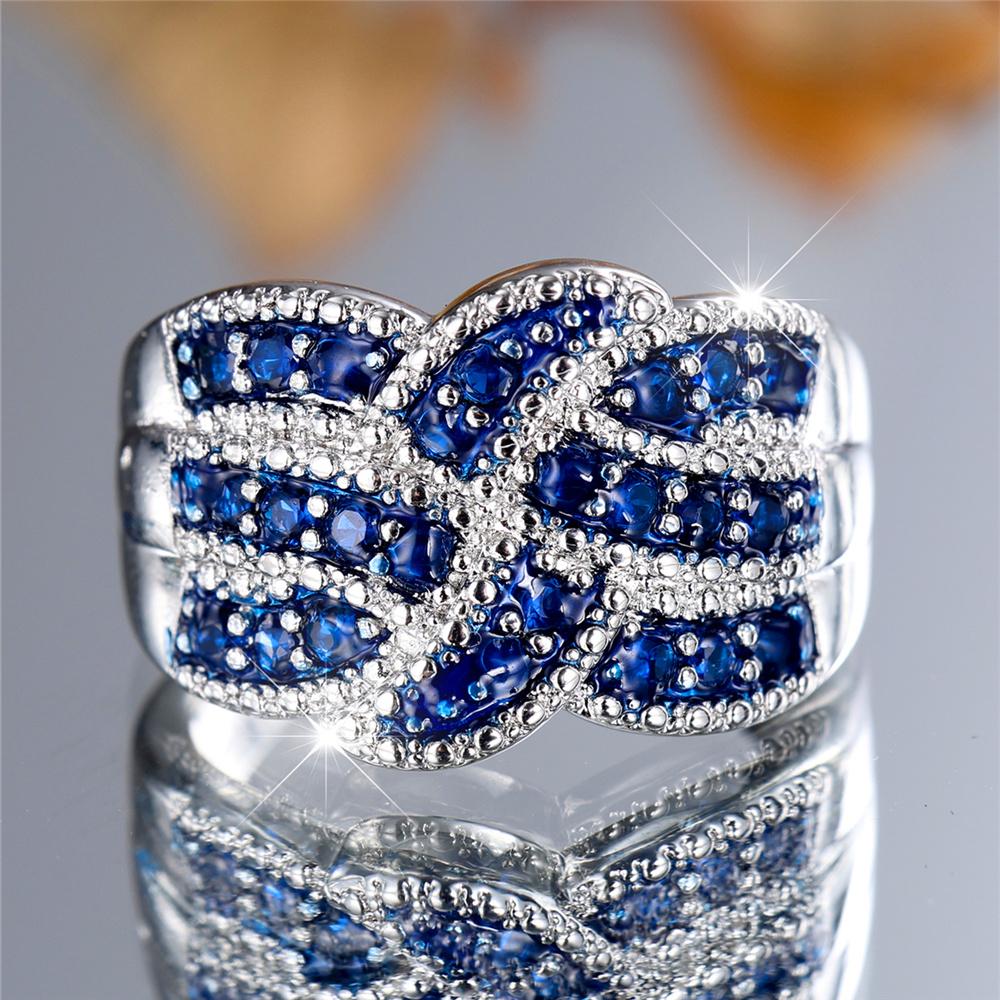 

Luxury Female Small White Blue Zircon Stone Finger Ring Vintage Silver Color Wedding Band Bridal For Women 10 синій