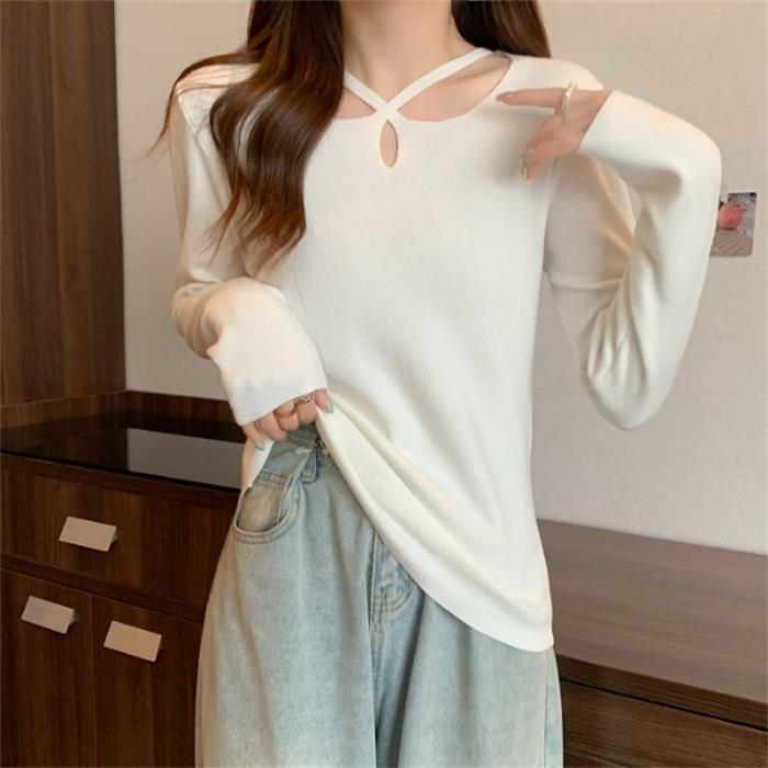 

Женский тонкий вязаный свитер осень/зима 2023 года: Короткий, универсальный топ One Size белый