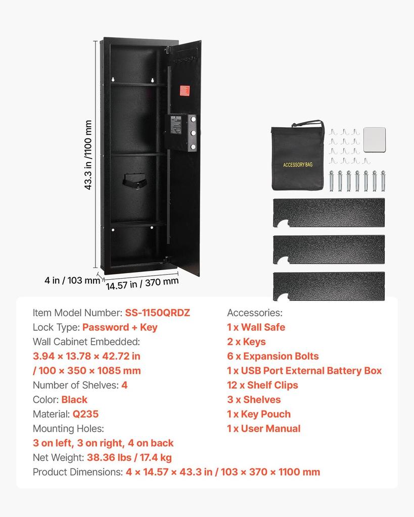 Wall Safe, 4-Tier Hidden Wall Mounted Gun Safe with Password & Key, Q235 Cold-Rolled Steel In-Wall Box with LED Lighting, 3 Adjustable Shelves & Key