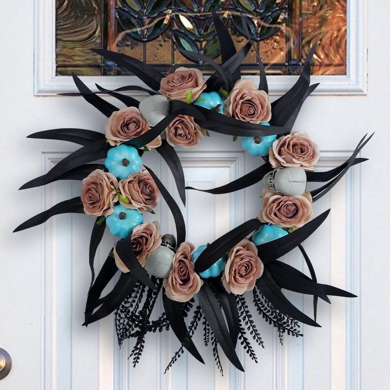 Gotico Balck Rose Wreath Halloween Eyeball Wreath Black Rose for Front Door Window Mantle Indoor Outdoor Halloween