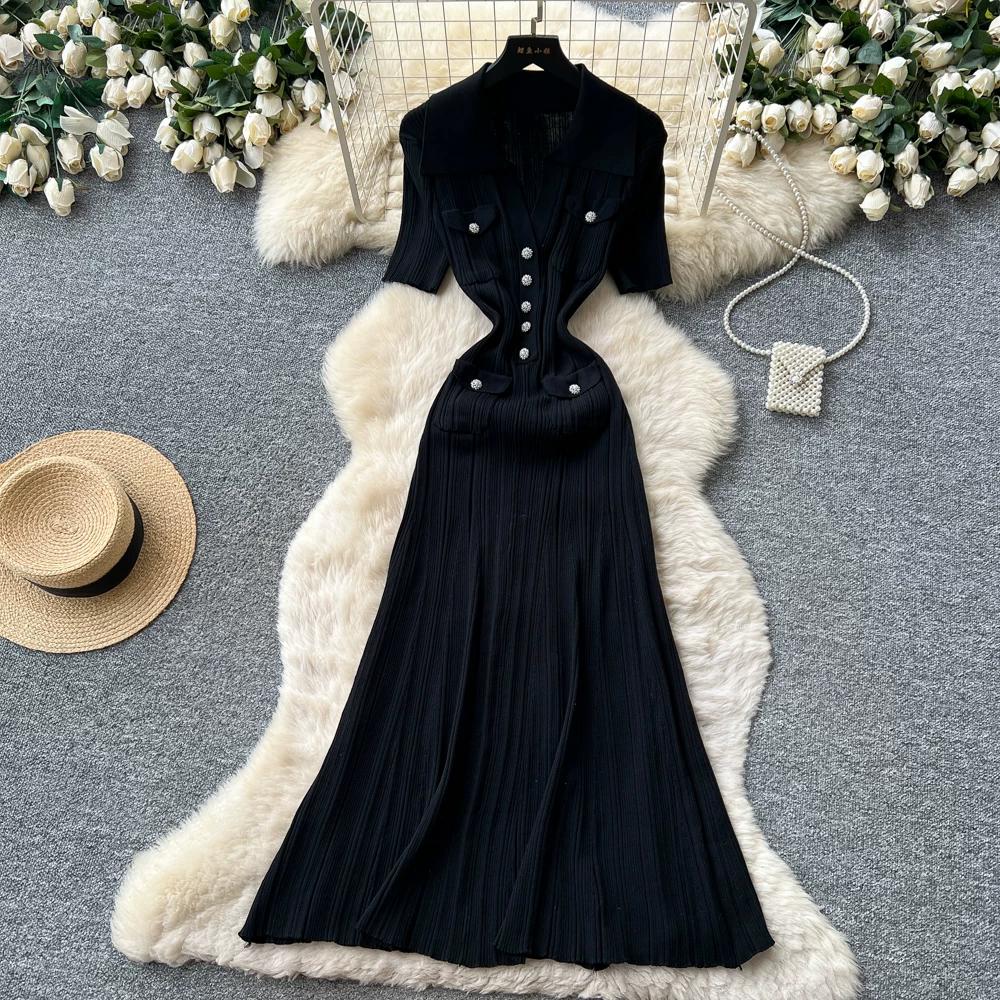 Brand Fashion Vintage Turn-down Collar Knit Maxi Dress Elegant Single-breasted A-line Long Shirt Dress Lady Party Dress