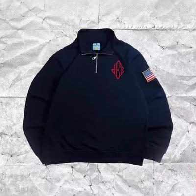 Unisex Y2K Navy Blue Quarter Zip Sweatshirt USA Embroidered American Flag Patch Jacket Men Women Vintage Streetwear Fashion