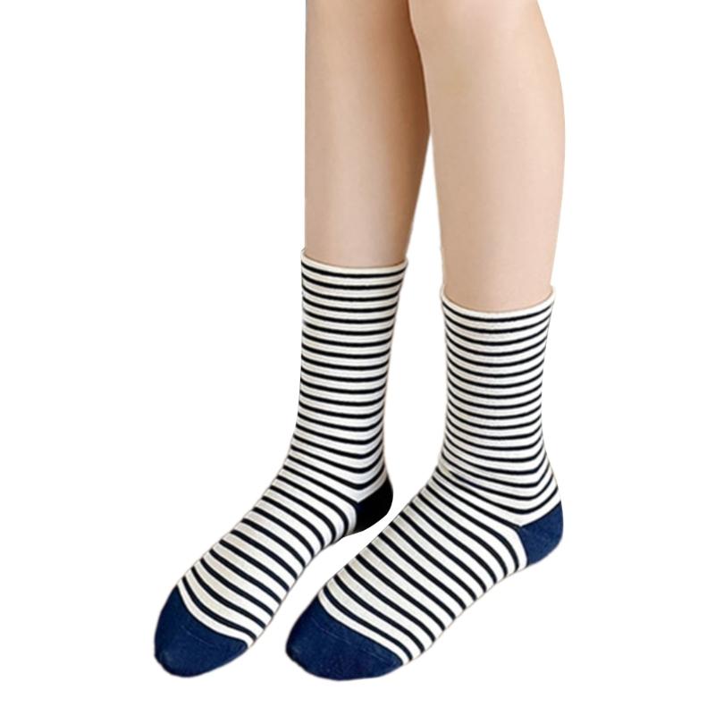Womens Japanese Korean Cotton Middle Calf Socks Elegant College Style Casual Multicolored Striped Crew Socks Streetwear