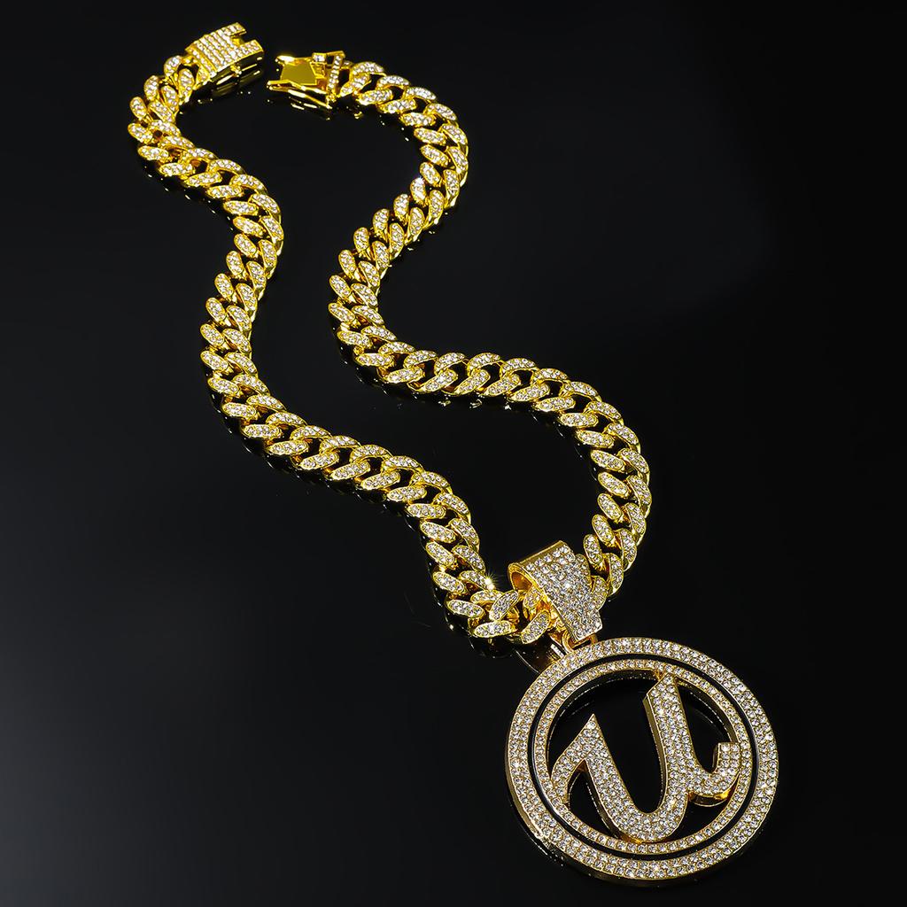 Letter U Round Brand Full of Diamonds Three-dimensional Pendant Cuban Chain, Personality Trend Necklace, Nightclub Hip-hop Collarbone Chain
