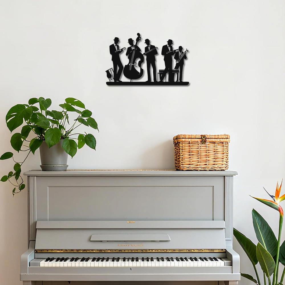 Retro Jazz Trio Metal Wall Art Trumpet Bass Brass Decor for Door Frame Corner Accent, Gift for Music Lover, 14.2x8.9 Inch Black