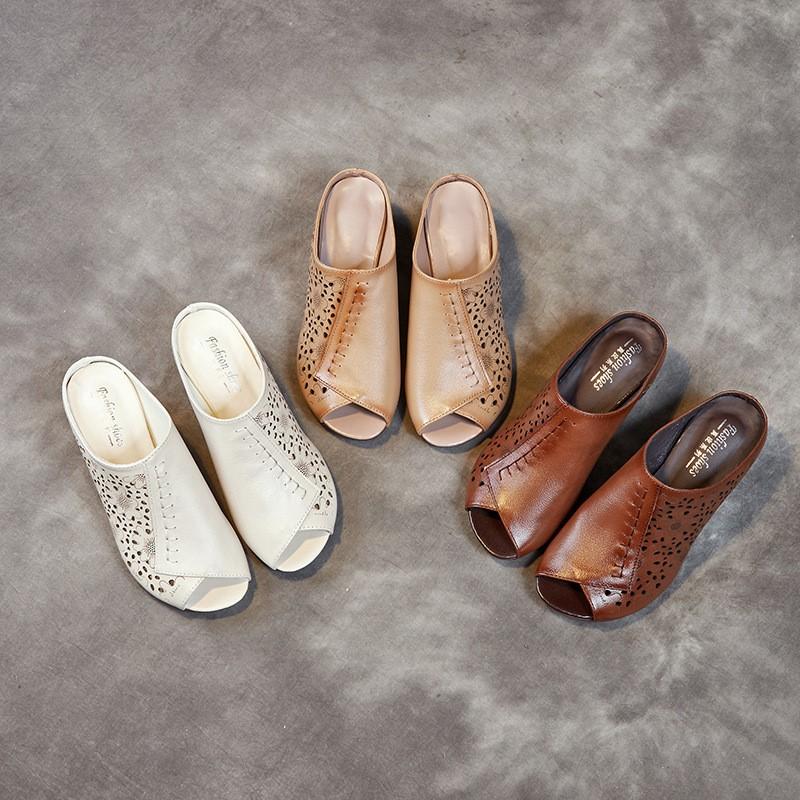 Johnature Retro Peep Toed Versatile Slippers Genuine Leather Hollow-out Breathable Kitten Heels Women's Sandals