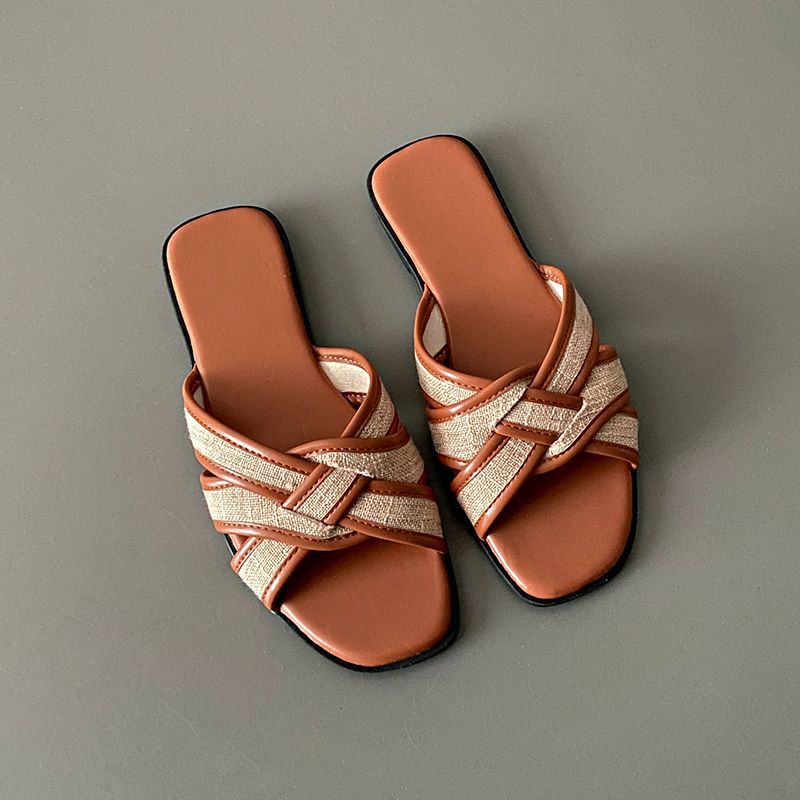 Flat-bottomed retro one-word slippers women's shoes new summer casual woven sandals beach sandals