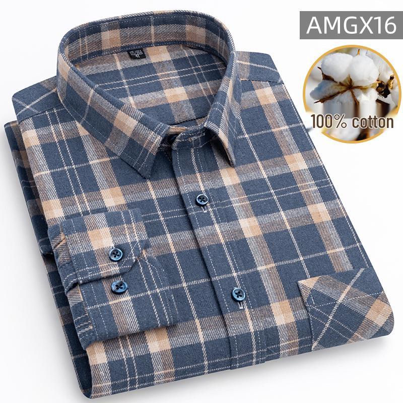 New Men's Plus Size Brushed Cotton Plaid Long Sleeve Shirt for Middle-Aged & Elderly with Straight Hem