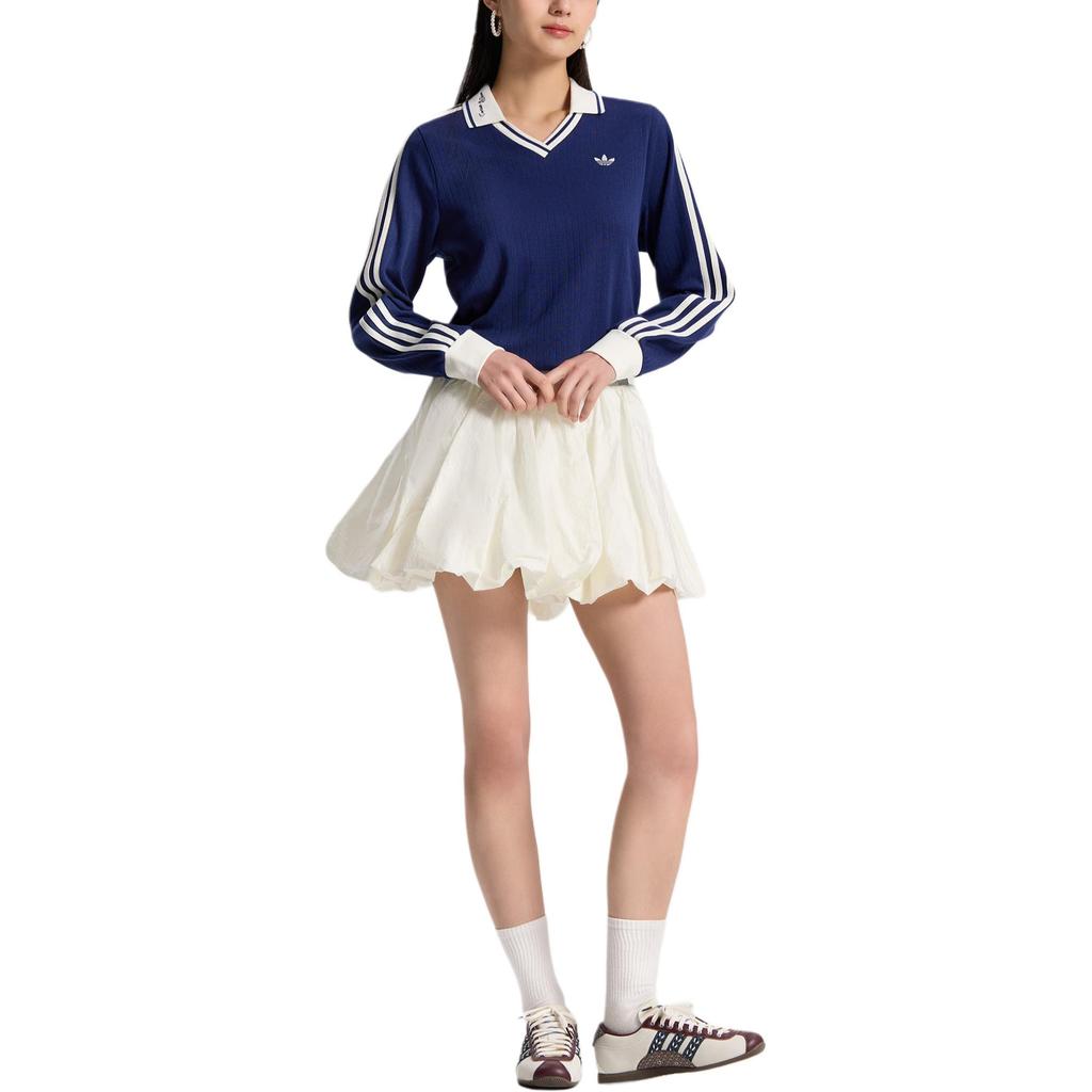 adidas Originals Long Sleeve Knitted Sport Striped Polo Shirt Women Tops KY5732