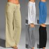 Women Casual Cotton Linen Elastic Waist Drawstring Long Wide Leg Pants