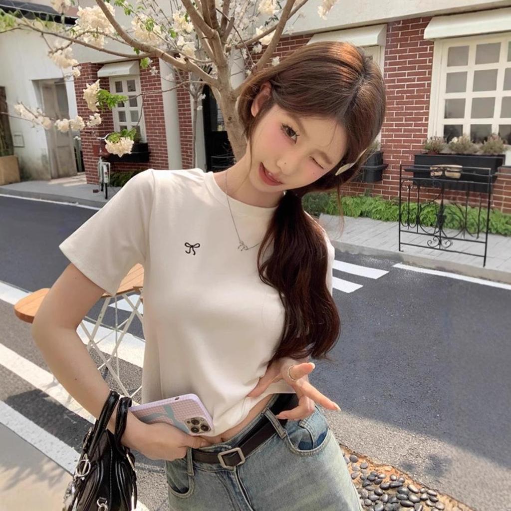 Women's 2025 Korean Style Bowknot Embroidered Slim Fit T-Shirt, Short Sleeve, Round Neck