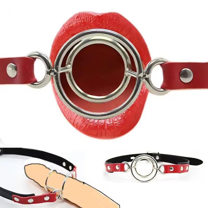 Steel Double Ring Gag Bondage Flail Open Mouth Oral Fixation Mouth Plug Round Stuffed Head Restraints Sex Toy Belt For Couple
