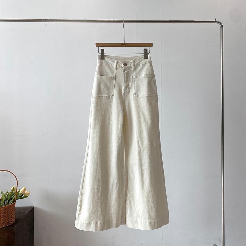 

Korean Style White Denim Wide Leg Pants Women Autumn High Waist Fashion Pockets Straight Trousers Casual Loose Denim Pants 2XL білий