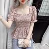 Japanese Style Floral Square Neck Chiffon Pullover Top for Women