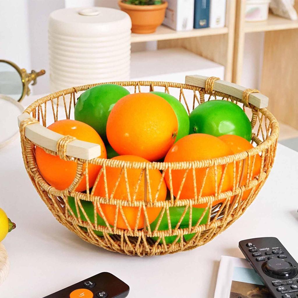 Woven Round Fruit Basket Bowl Display Dish Organizer Imitation Rattan Food Serving Tray for