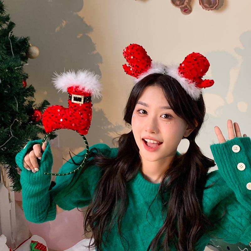 

Red Sequin Christmas Hat & Cute Gloves Holiday Headband Party Props for Women