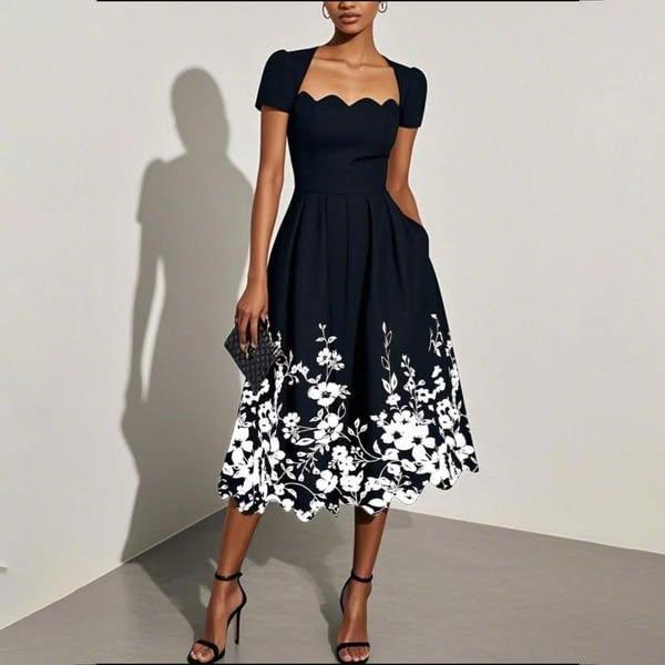 

Black Floral Print Short Sleeve Dress with Ruffled Neckline S