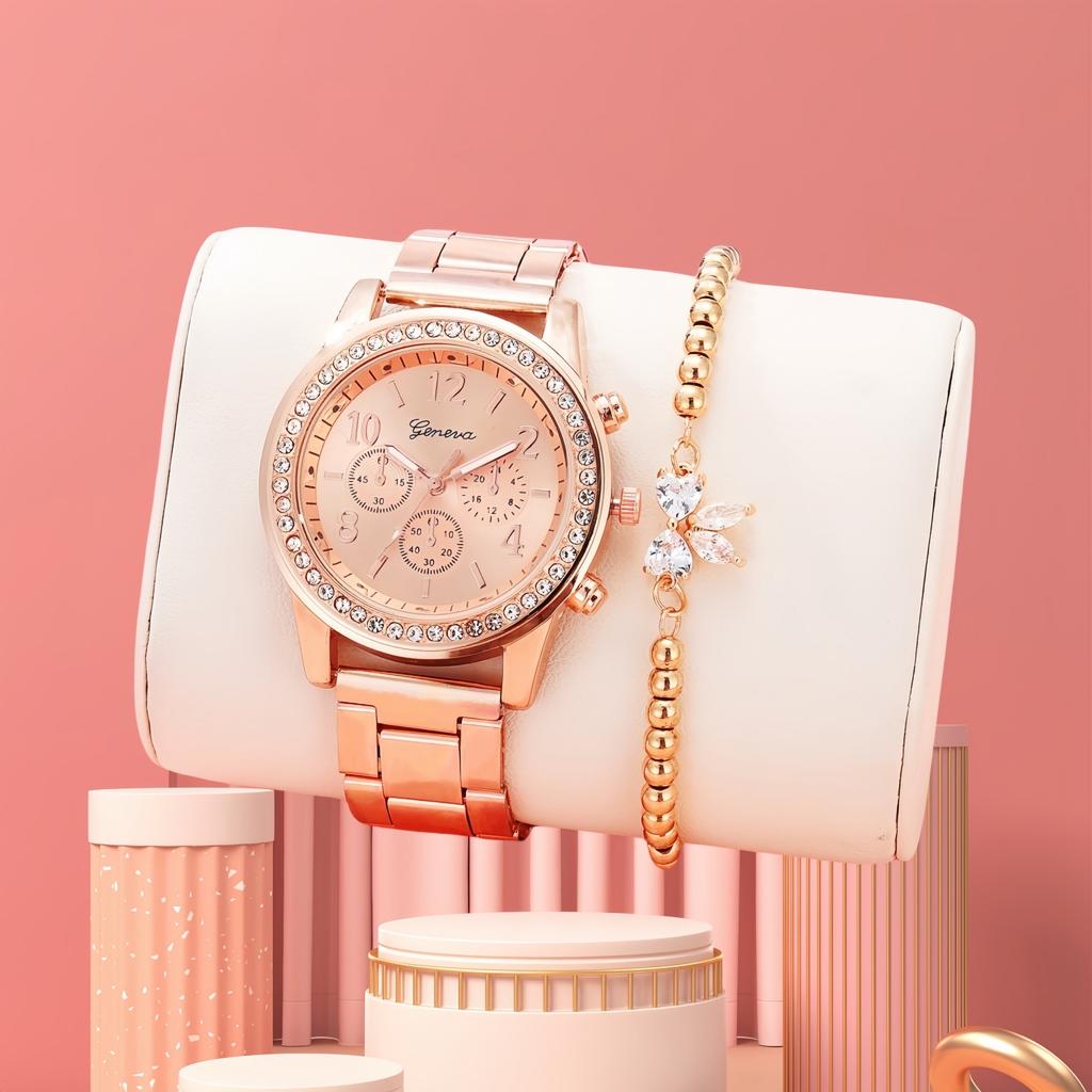 Three-eye Watch with Diamond Alloy Steel Belt Watch Women's Geneva Quartz Watch Set