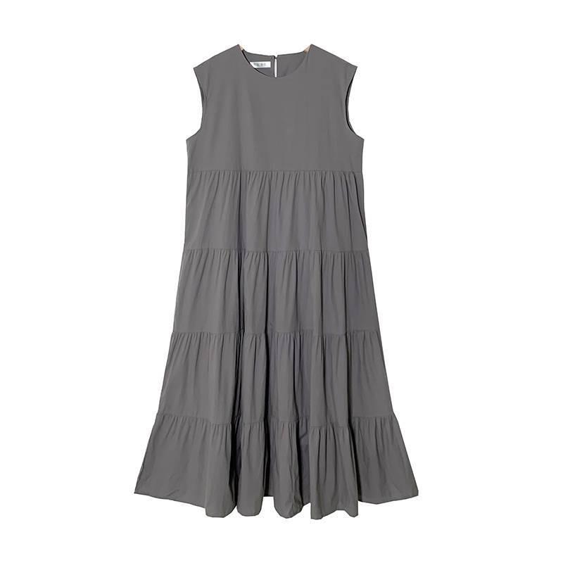 Patchwork Solid Color Long Skirt Sleeveless Commuter Crew Neck Dress