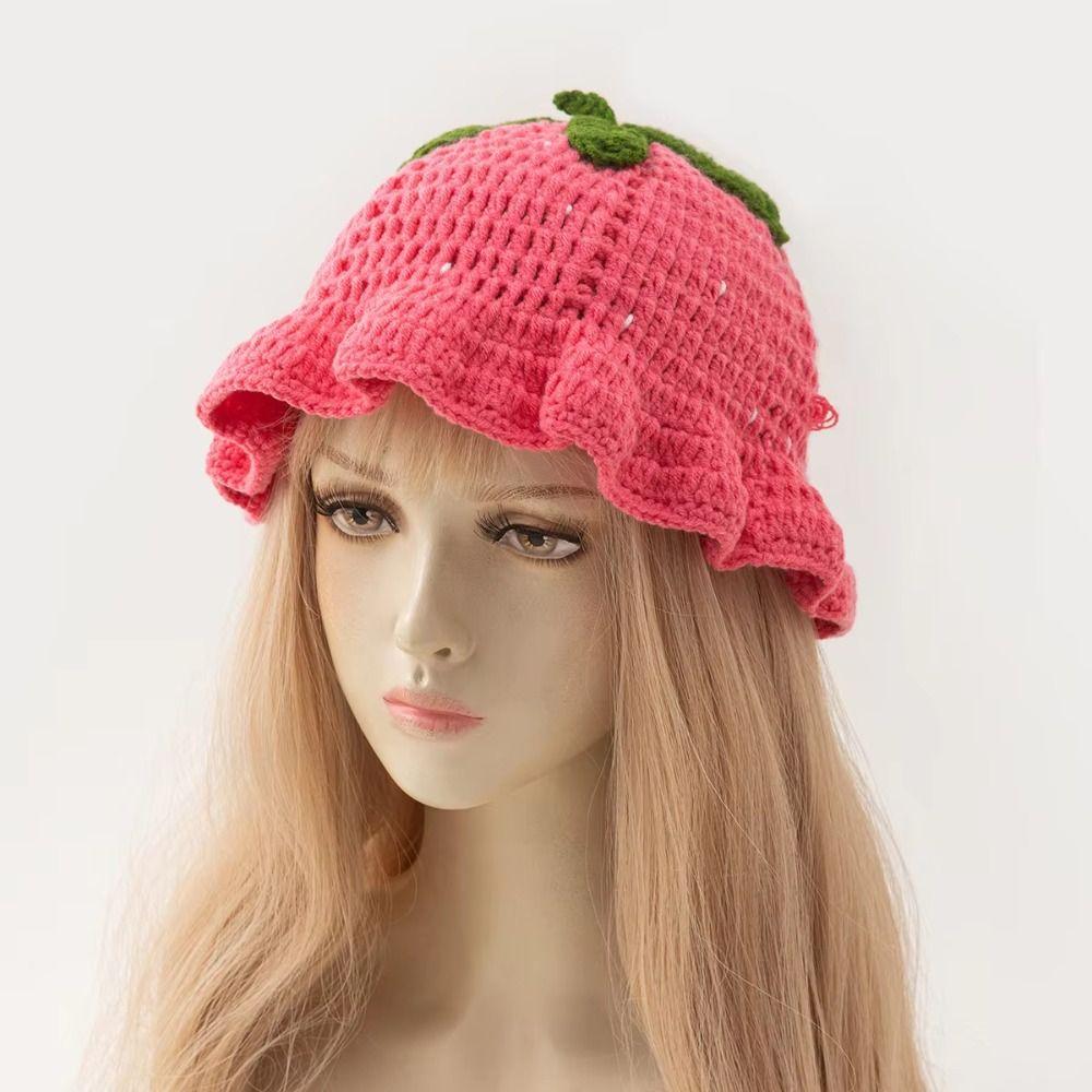 Orange Knitted Bucket Hat Fruit Shaped Crochet Beanie Cap Strawberry Knitted Hat Female/Girls