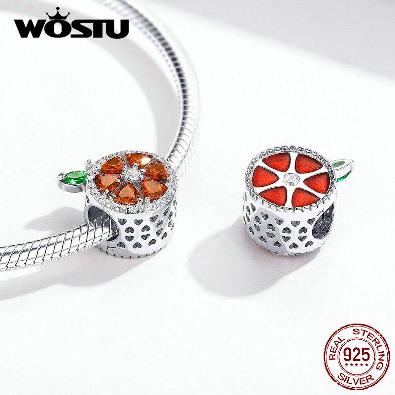 WOSTU Genuine 925 Sterling Silver Red Grapefruit Round Charm Fit Original Bracelet Necklace Beads