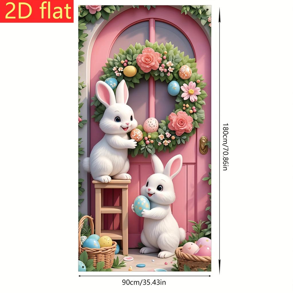 Happy Easter Door Cover Pink Bunny Easter Egg Wreath Design Hanging Banner for Indoor Outdoor Porch Decor Background Gift